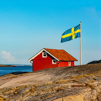 Ruotsin lippu, taustalla mökki